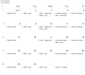 A screenshot of a June 2020 calendar page with events scheduled on every day.