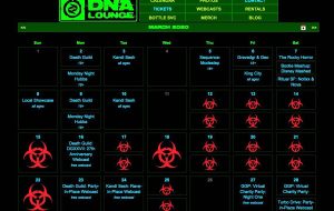 The DNA Lounge calendar page for March 2020 has a black background with a neon green header. Some calendar dates show virtual event listings in light blue lettering, while other dates have a red biohazard symbol instead, to denote a live event is cancelled due to Covid. 