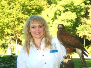 A smiling blonde woman, dressed in her parks uniform shirt, is holding up a bird of prey, who is perched on her gloved wrist.