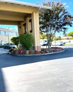 A large carport outside an assisted living facility shows a wide roof and some beautiful landscaping with greenery and flowers.