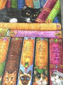 A close-up of a completed puzzle depicting a whimsical illustration of a tuxedo cat lounging on a pile of fancy hardcover books. Each book title is a cat-themed parody of a famous novel, and the spines of some of the books also feature illustrated cat portraits.