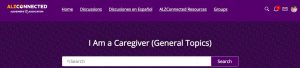 A screenshot of the welcome page of the AlzConnected community. The page is a vibrant purple, with a prominent search bar right in the center.