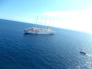 Here's the Wind Surf and its little tender. If you look closely, you can see where the tender "docks" to the ship with attached stairs, so that we could climb on board. Peggy had a lot of difficulty boarding from the tender!
