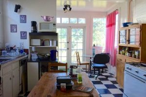 View of a kitchen with vintage appliances, a black-and-white checkered floor, glass windows, and glass-paned wooden doors.