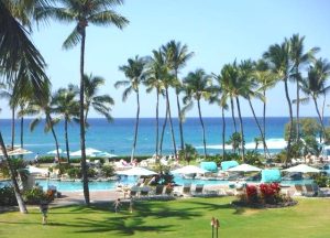 A view looking out at the blue sky and blue ocean from the Big Island of Hawaii. In the foreground are grassy green grounds leading to a luxurious pool with loungers, white shade umbrellas, and many tall palm trees.
