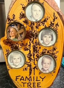 A photo frame collage, made out of a slab of a tree, includes vintage snapshots inside five round picture frames. The frames are connected by an illustrated outline of a tree trunk with branches, and on the bottom of the slab are the words Family Tree.