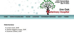 A screenshot of the welcome page of the Live Oak Veterinary Hospital. The page has a white background, with an illustration at the top of a tree. Instead of leaves, the branches of the tree are covered in green pawprints.