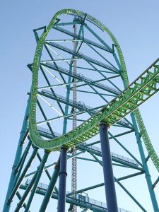 This photograph of part of a roller coaster shows a view from underneath a tall tower section of teal blue and lime green metal track. Above the coaster is a vast blue sky.