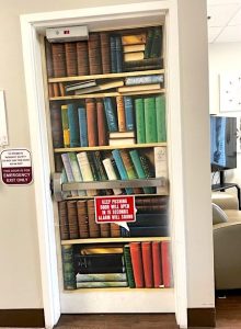 An emergency exit door is skillfully painted, realistically, to resemble a bookcase filled with colorful books. To the left of the door is a sign marked Emergency Exit Only. To the right of the door can be seen an armchair and a tv.