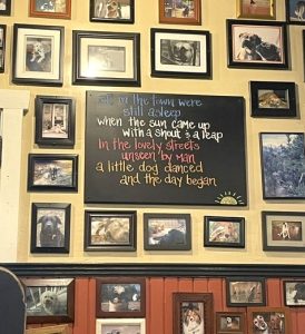 A wall at the Lost Dog restaurant, featuring many photos of dogs.