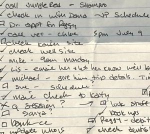 A handwritten "to do" list has more than a dozen items on it.