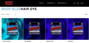 A page from the Manic Panic web site shows four jars of different shades of blue hair dye.