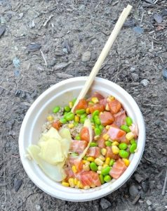 A colorful poke bowl includes fresh cut salmon and vegetables, and is posed with a set of chopsticks.