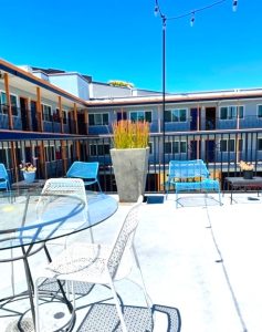 Buildings and patio at Becks motel in the Castro in San Francisco.